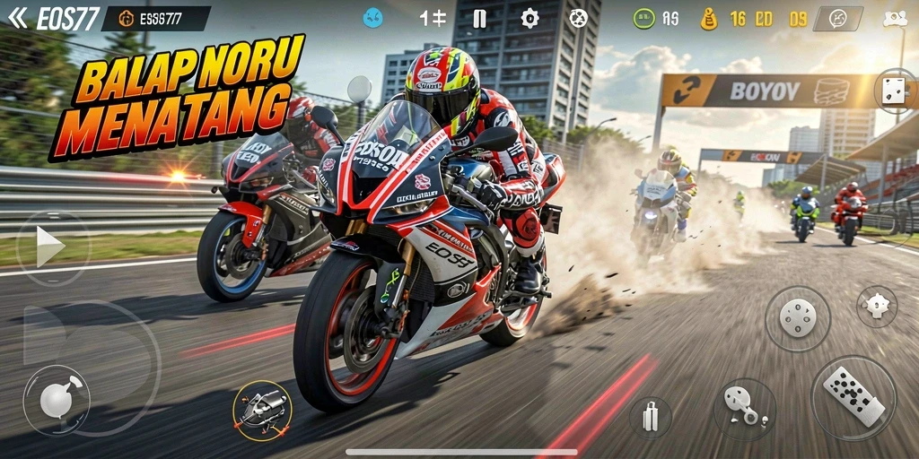 Gameplay seru balap motor dalam EOS77 dengan grafis memukau.
