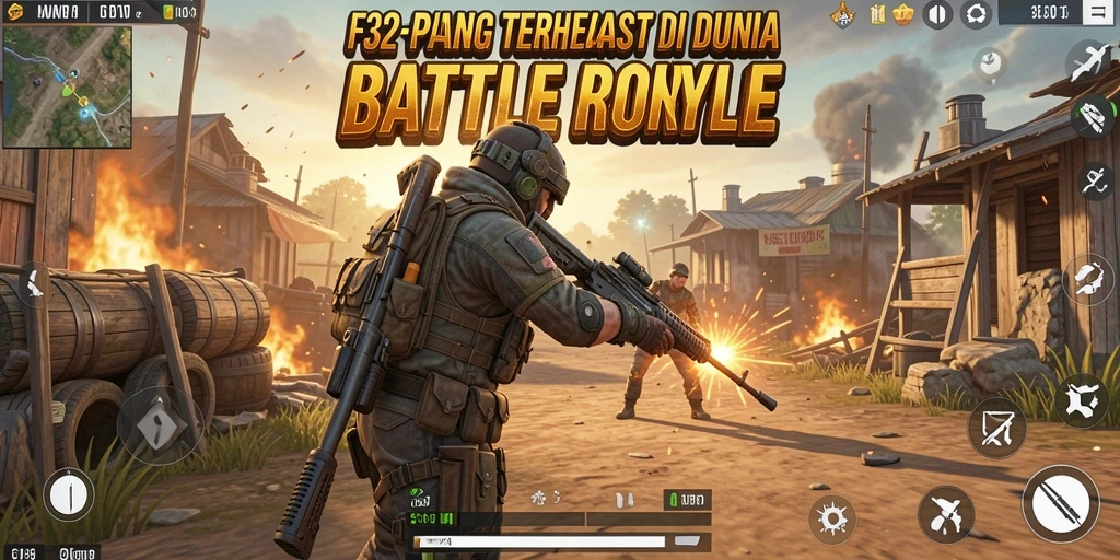 Screenshot gameplay F32 dengan aksi Battle Royale yang mendebarkan.