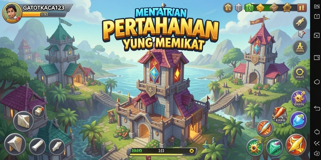 Screenshot GATOTKACA123 menampilkan aksi menara dalam pertempuran Tower Defense.