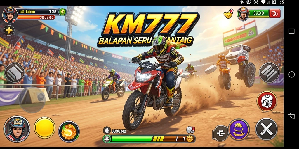 Gameplay seru KM777 dengan mobil balap melaju kencang di lintasan.