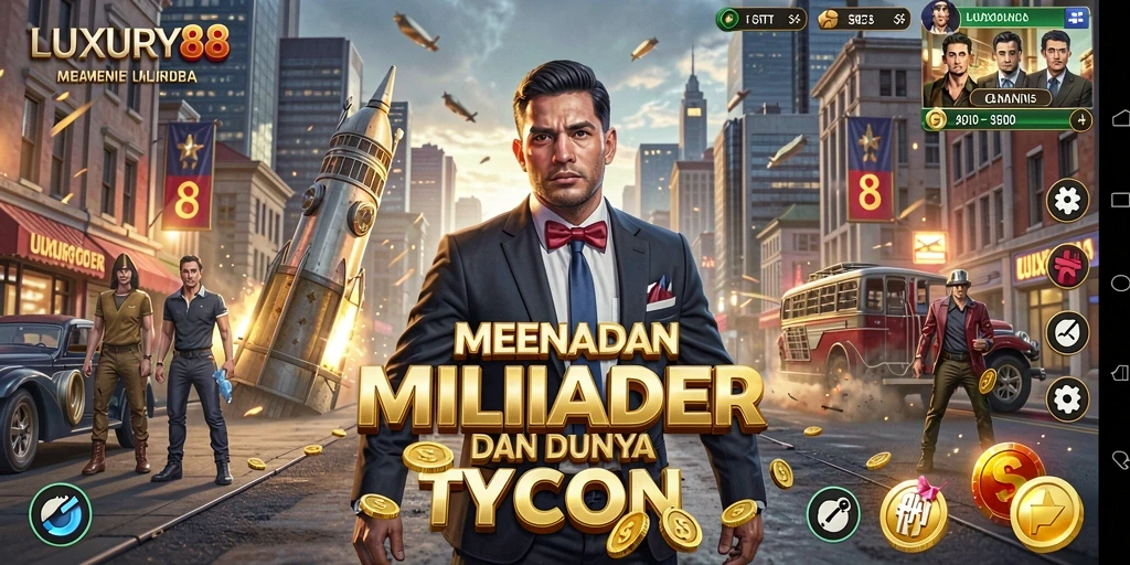 Tampilan gameplay dari LUXURY88 yang menunjukkan empire bisnis yang megah.