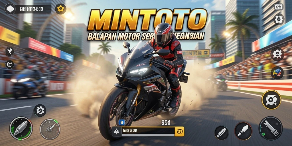 Tampilan gameplay MINTOTO dengan aksi balapan motor yang seru.