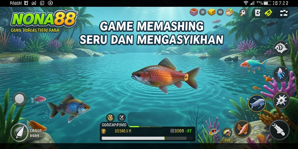 Tampilan gameplay NONA88 dengan berbagai lokasi memancing menarik.