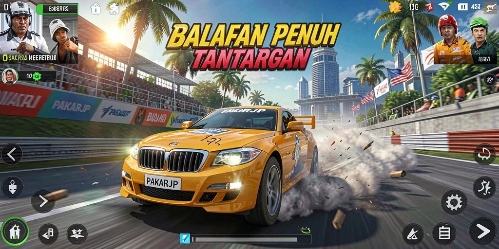 Tampilan gameplay PAKARJP dengan mobil balap di lintasan