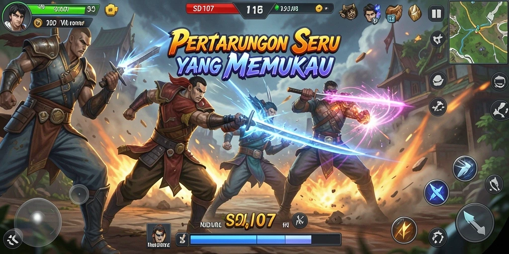 Tangkapan layar SD107 menunjukkan aksi pertarungan yang intens dan menarik.