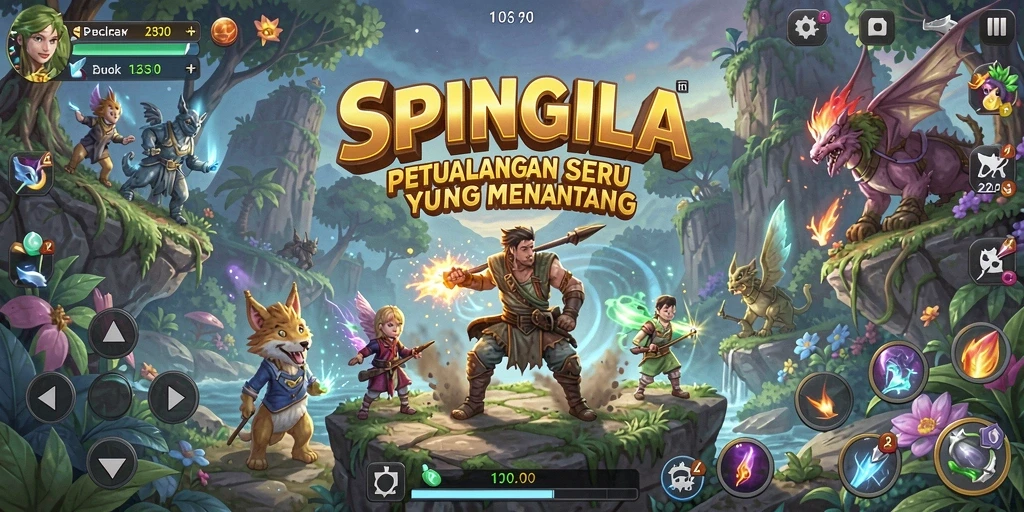 Tampilan gameplay SPINGILA yang menampilkan aksi petualangan seru.