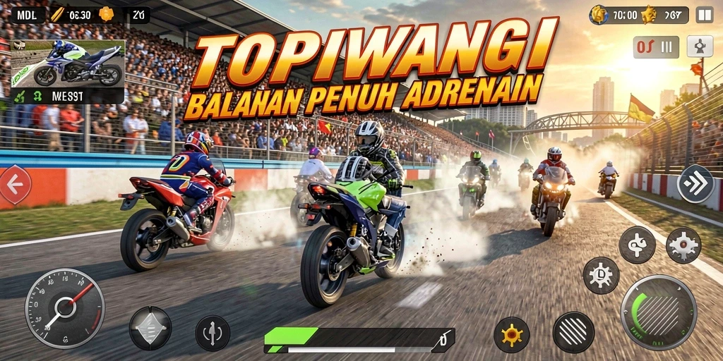 Tampilan gameplay seru dalam balapan motor TOPIWANGI.